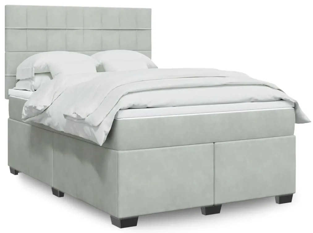 vidaXL Pat box spring cu saltea, gri deschis, 140x190 cm, catifea
