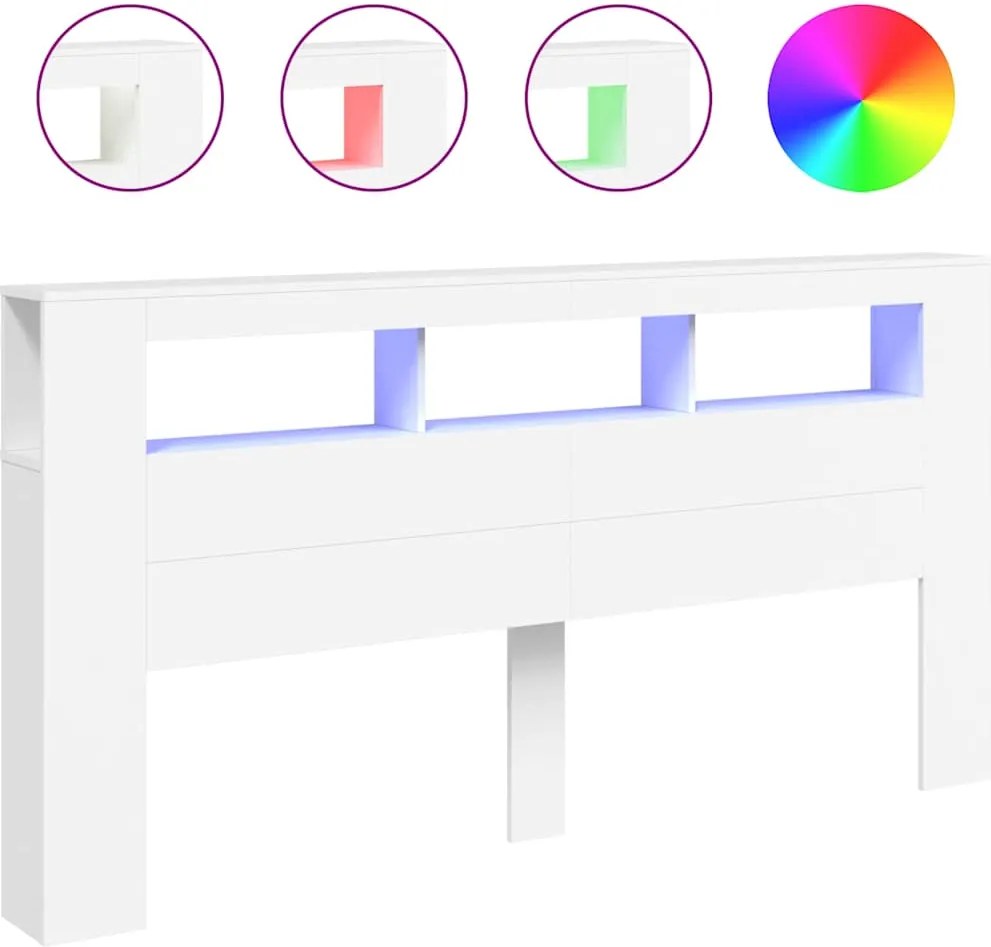 vidaXL Tăblie de pat cu LED, alb, 200x18,5x103,5 cm, lemn prelucrat