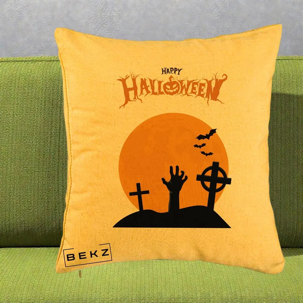 Perna Decorativa Happy Halloween Cimitir cu Luna, 40x40 cm, Galben, Husa Detasabila, Perna Inclusa, BEKZ®