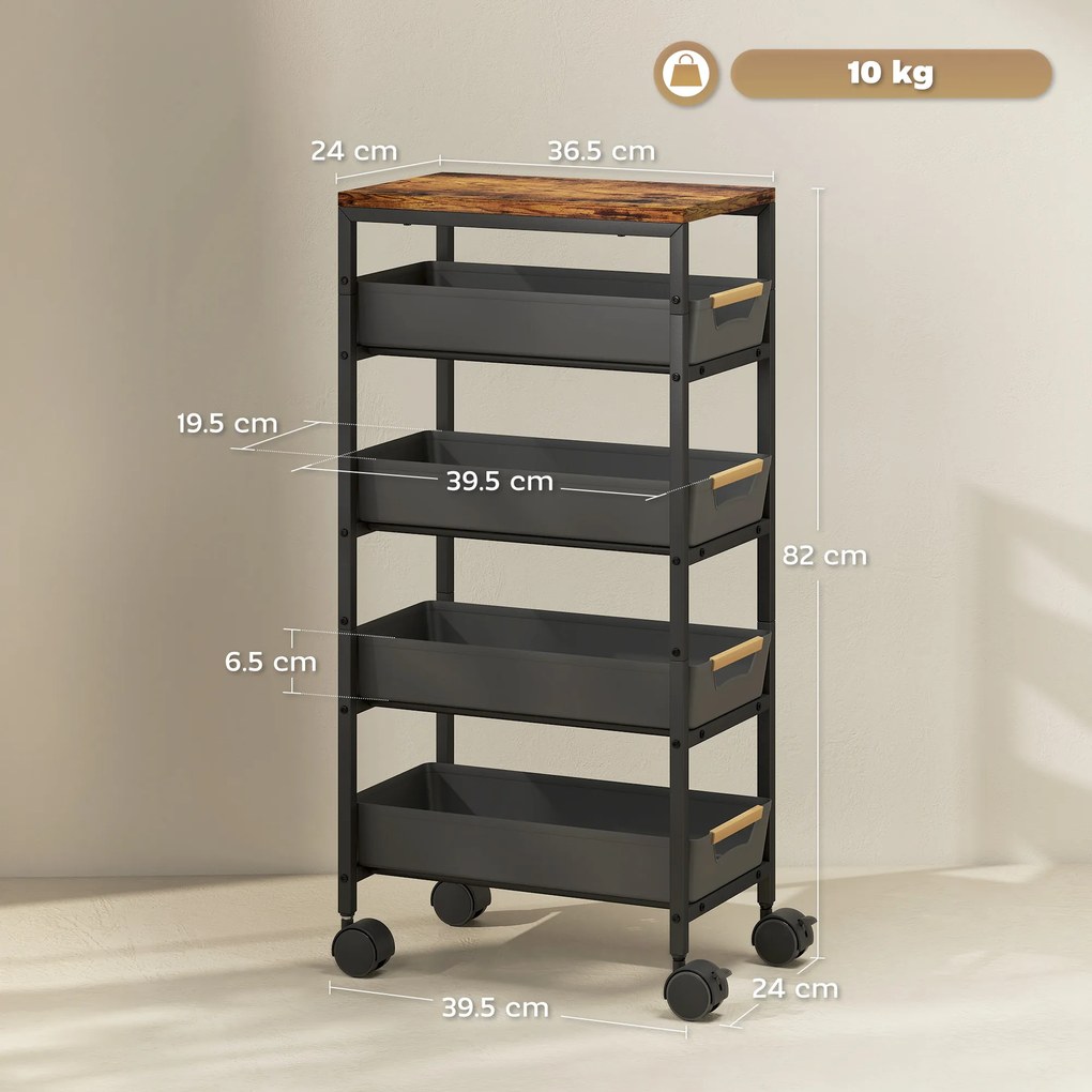HOMCOM Carucior de Bucătărie de 5 Nivele Carucior Auxiliar cu Roți Tablou Efect Lemn Sertare Extrase 39,5x24x82 cm Negru | Aosom Romania
