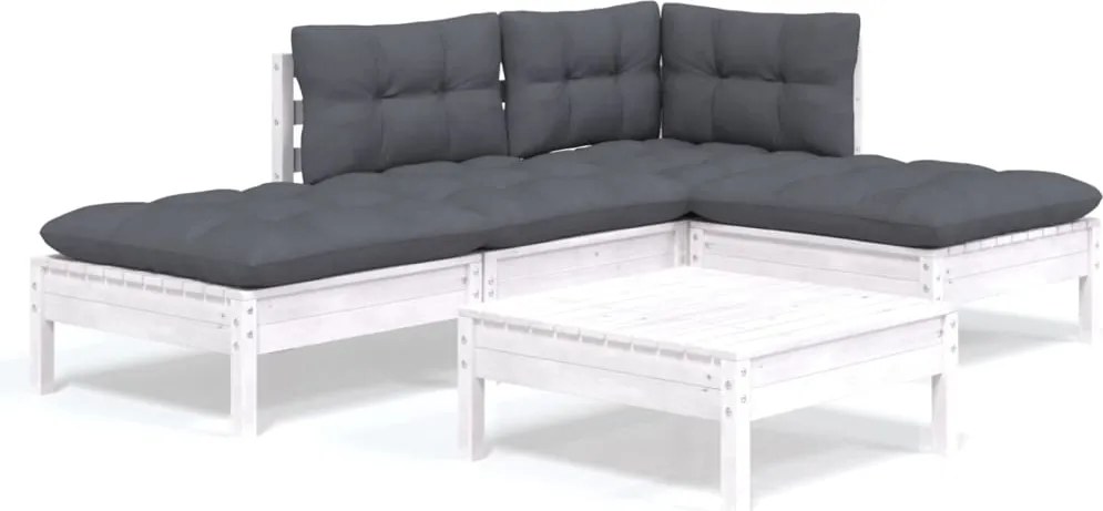 vidaXL Set mobilier grădină cu perne, 5 piese, alb, lemn de pin