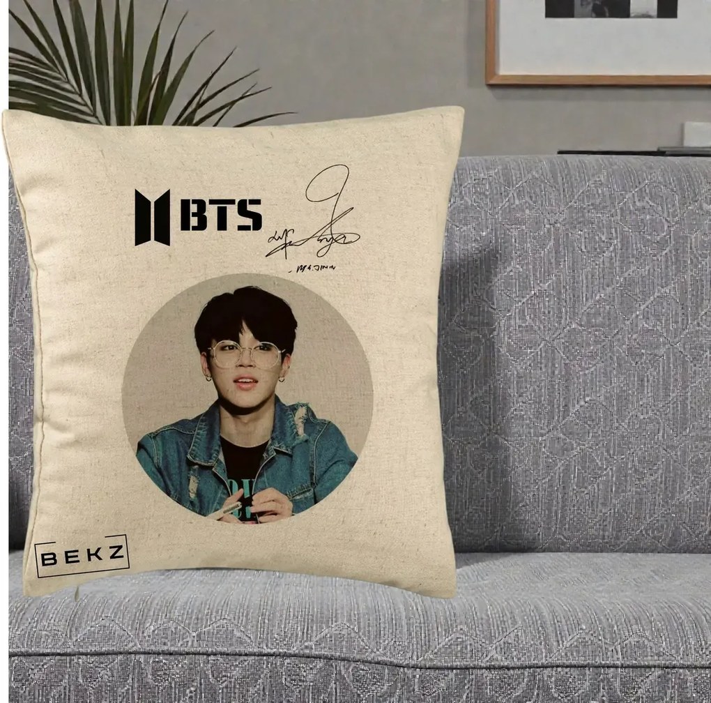 Perna Personalizata K-pop BTS Jimin Portret Cerc Autograf Geaca, 40x40 cm, Bej, Husa Detasabila, Perna Inclusa, BEKZ®
