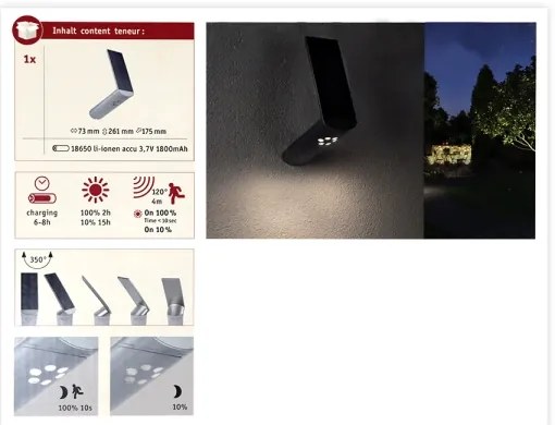 Paulmann 94261 - LED 1,2W IP44 Lampa solară de perete cu senzor ILIAS 3,7V