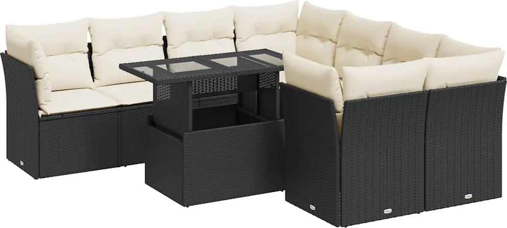 vidaXL Set mobilier de grădină cu perne, 9 piese, negru, poliratan