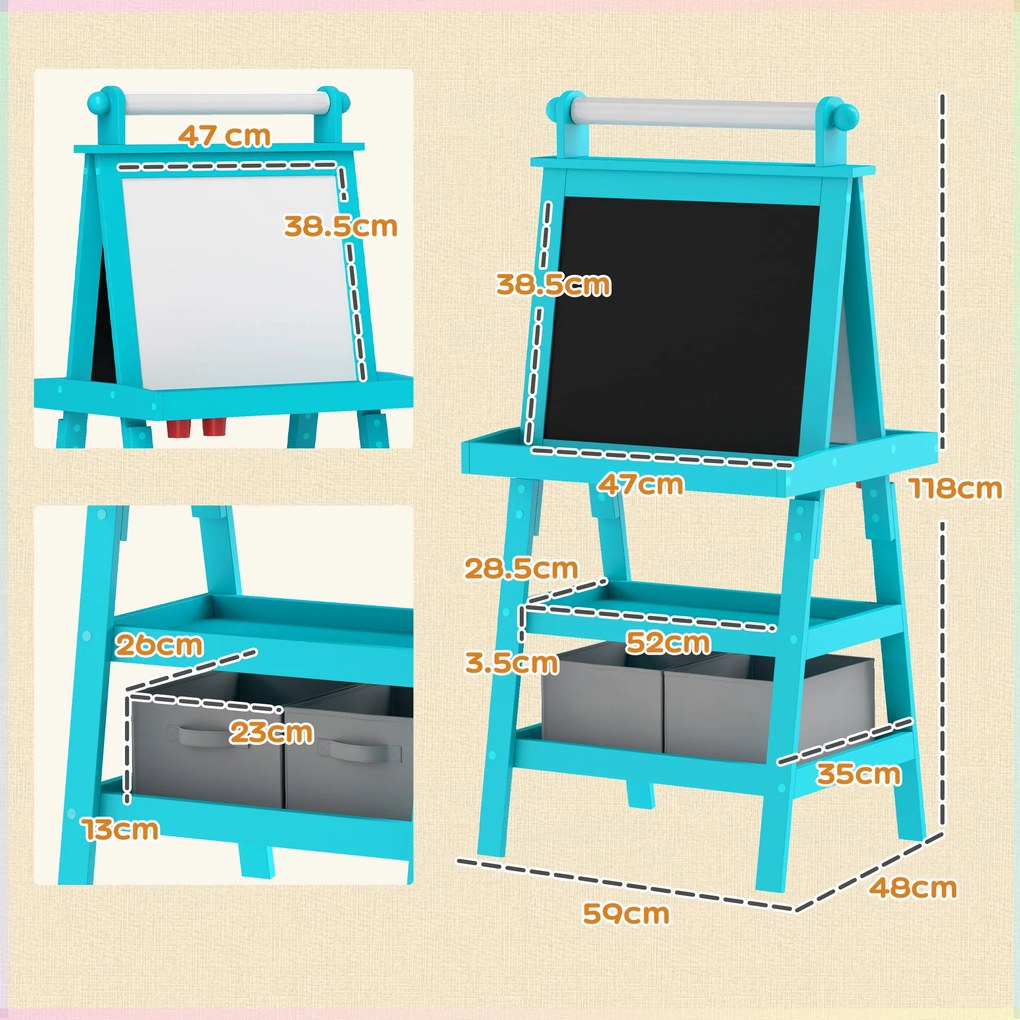 AIYAPLAY Tablă de Desen Dublă cu Magnet, Sul de Hârtie și Depozitare, Pentru Copii 3-6 Ani, 59x48x118 cm, Albastru | Aosom Romania