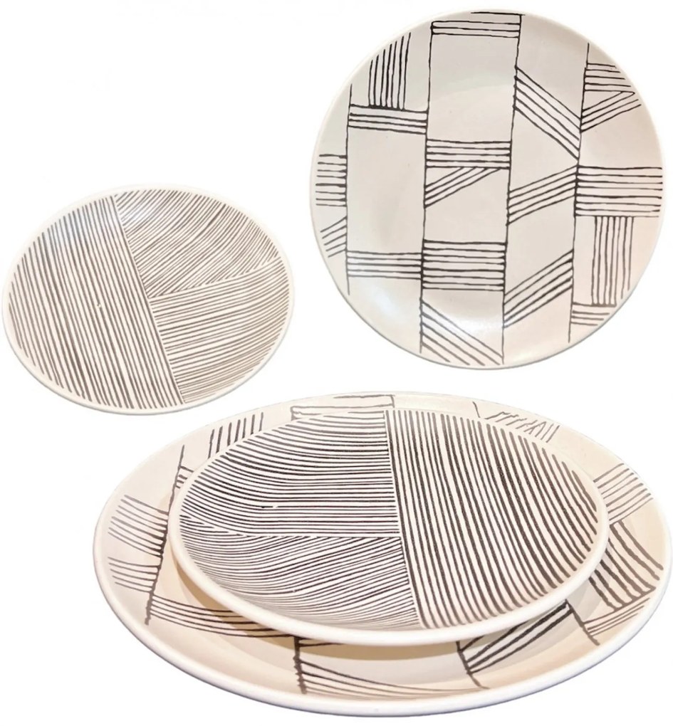 Set 12 Farfurii Ceramica (6 buc Desert 21cm, 6 buc Mari 26cm) Decorama Bej Deschis cu Pensulare Manuala Linii Neagre