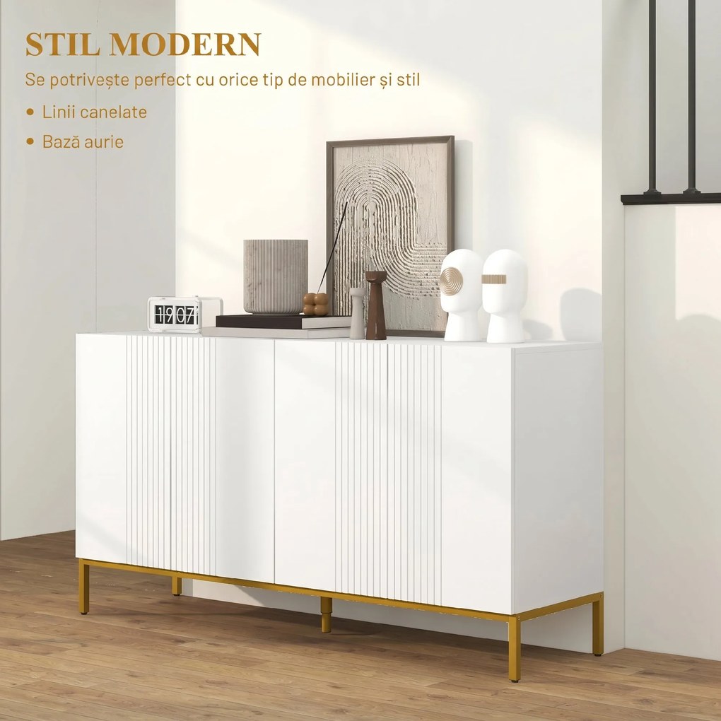 HOMCOM Bufet Modern pentru Living cu 4 Uși și Rafturi Reglabile, Închidere Moale, 140x40x75 cm, Alb | Aosom Romania