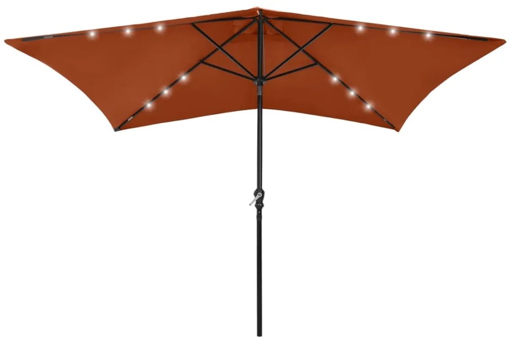 vidaXL Umbrelă de soare cu LED-uri &amp; stâlp din oțel, cărămiziu, 2x3 m