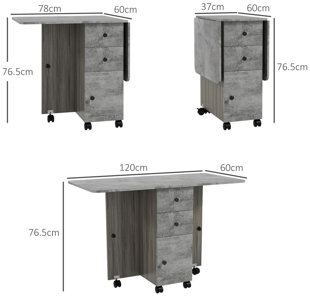 HOMCOM Masă de bucătărie pliabilă masă de sufragerie pliantă 2 pliante cu 2 sertare 1 dulap și 1 raft de depozitare 120 x 60 x 76,5 cm - gri | Aosom Romania