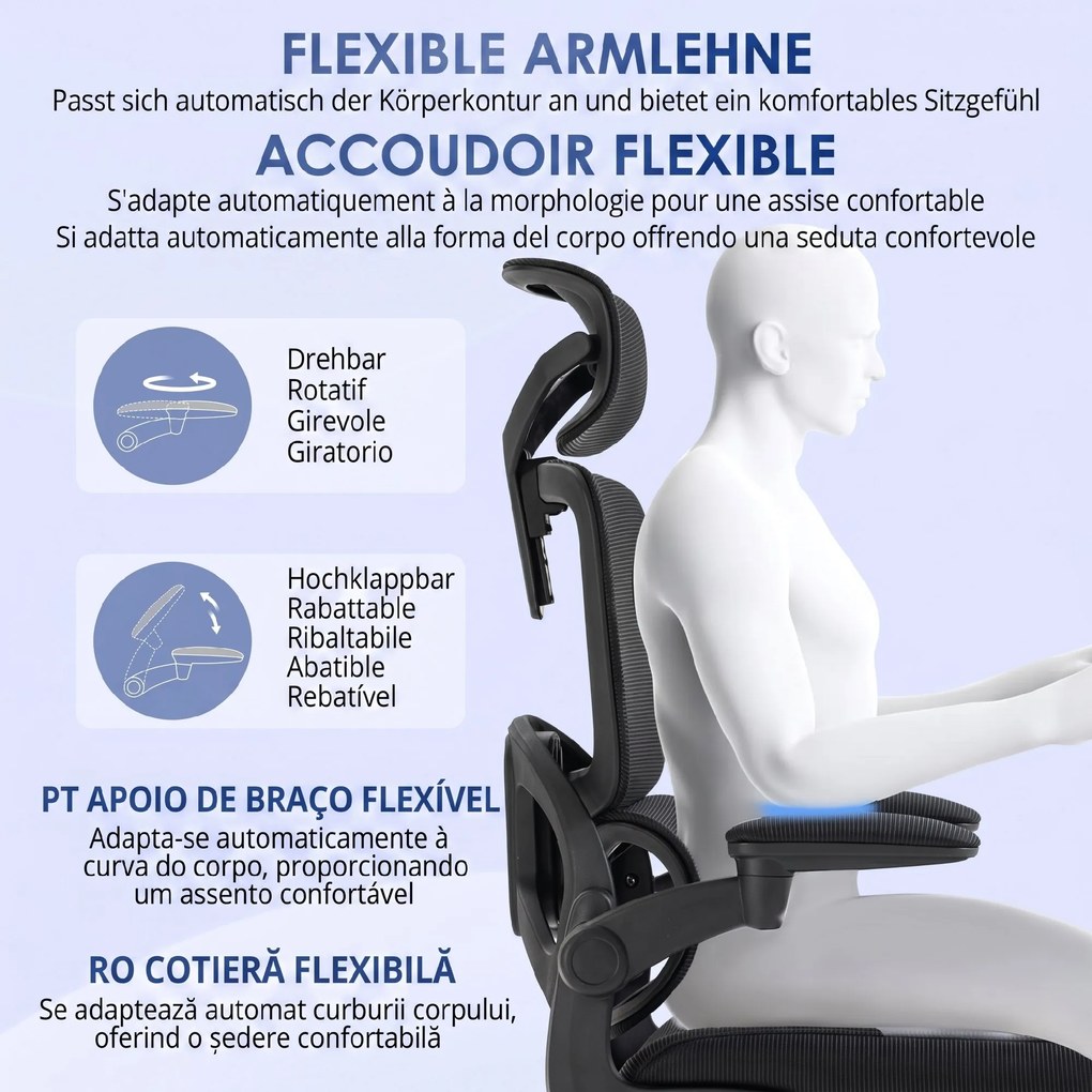 Vinsetto Scaun Ergonomic de Birou cu Spătar Reglabil Tetieră Cotiere Suport Lombar Funcție de Rotire Negru | Aosom Romania