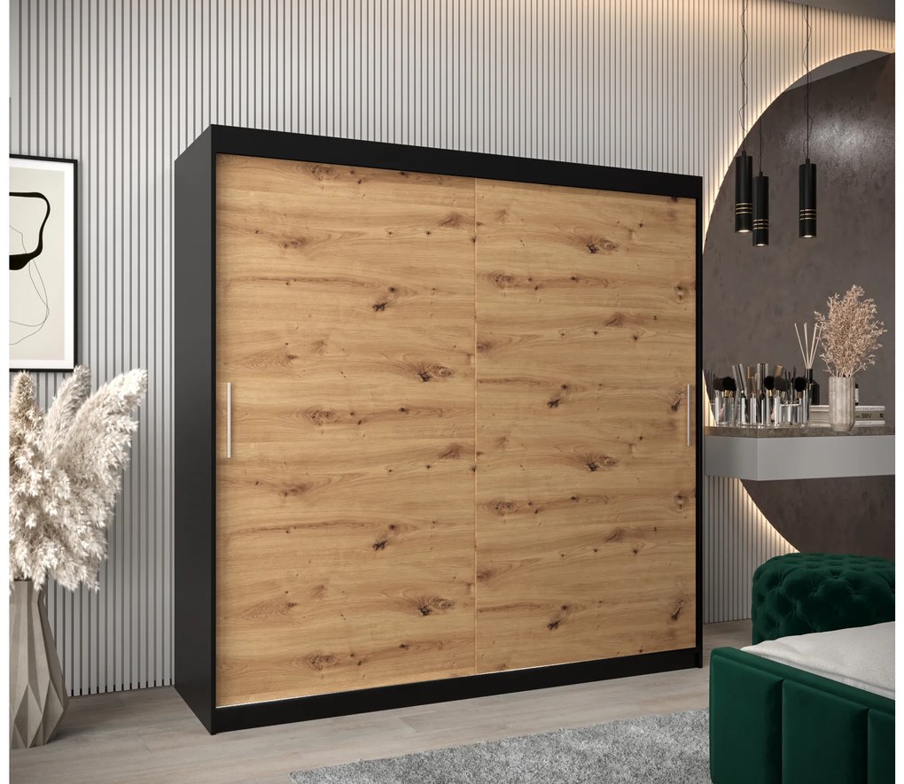 Dulap de haine 200 cm Toki (negru mat + stejar artisan). 1064851