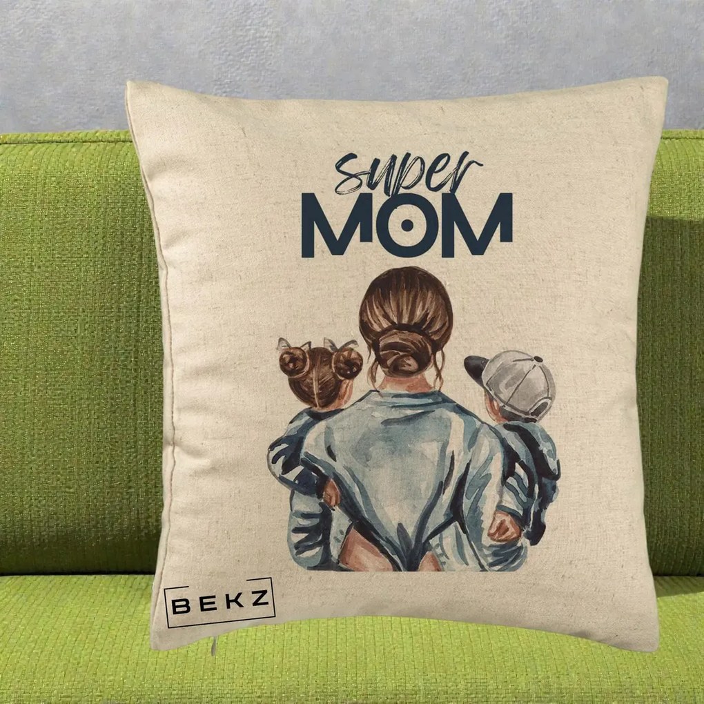 Cadou pentru Mama - Perna Personalizata Super Mom, 40x40 cm, Bej, Husa Detasabila, Perna Inclusa, BEKZ®