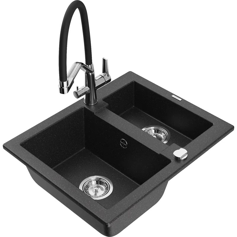 Mexen Carlos chiuvetă de granit 1,5 compartimente cu baterie de bucătărie Duo, negru/metal argintiu - 6518-73-671701-07