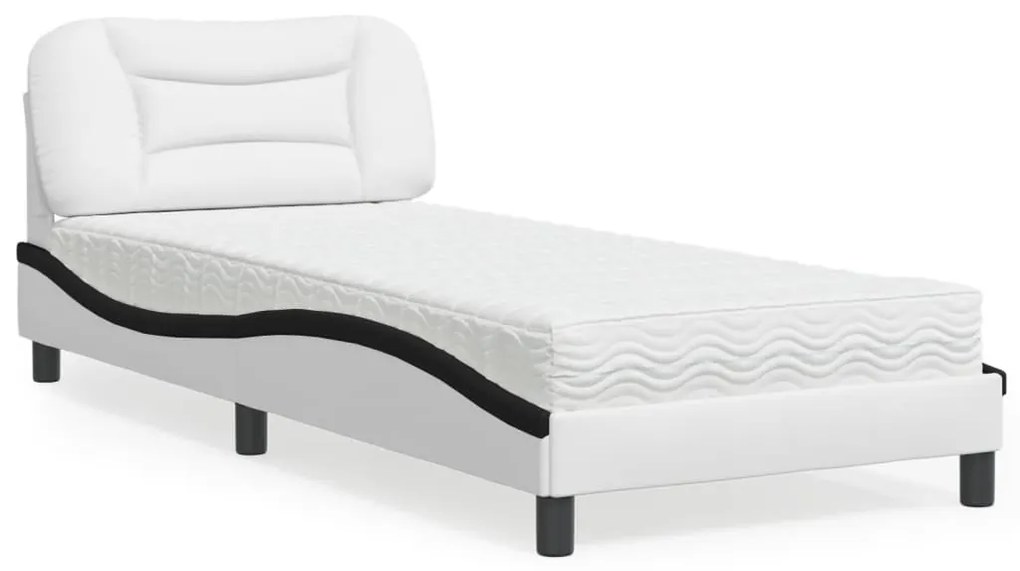 vidaXL Pat cu saltea, alb și negru, 90x200 cm, piele ecologică
