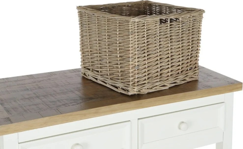 Consolă hol shabby chic din lemn de paulownia, alb, cu 2 sertare, raft pentru sticle, raft jos și blat gri, 80,5 x 88 x 38 cm, „Vinara”