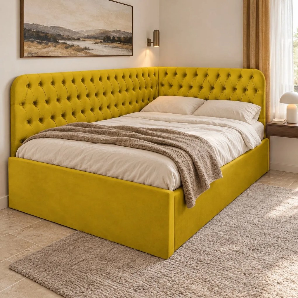 Pat tapițat pentru copii din catifea Elyra 120×200 cm, galben muștar, colț stânga, cu ladă de depozitare