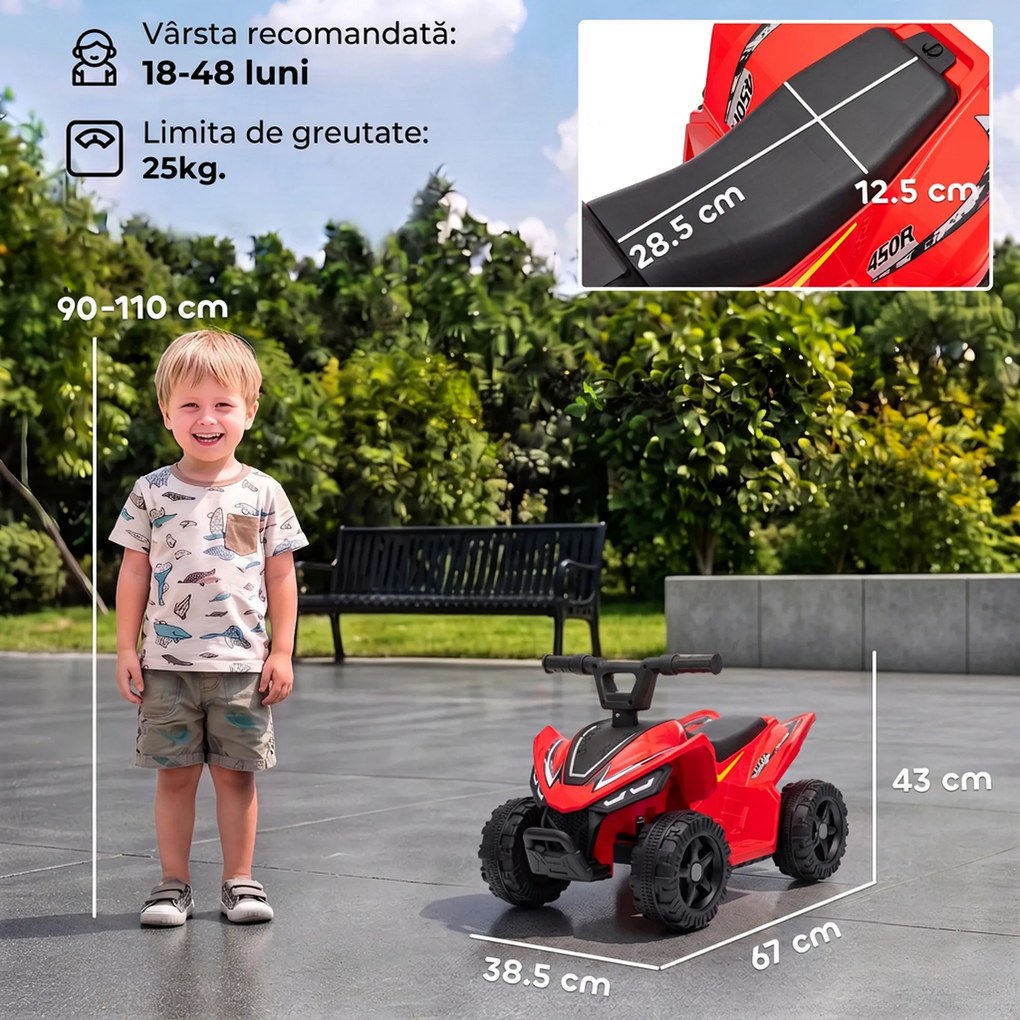 AIYAPLAY ATV Electric pentru Copii 18-48 Luni, 6V, 2 km/h, Sarcină 25 kg, Roșu | Aosom Romania