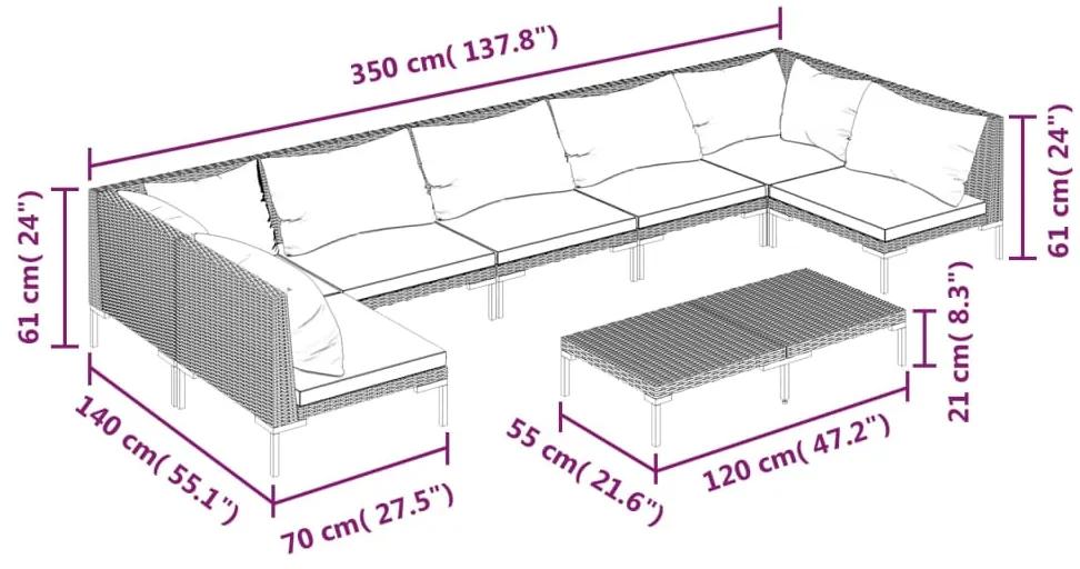 Set mobilier de gradina cu perne, 8 piese,gri inchis, poliratan 2x colt + 5x mijloc + masa, 1