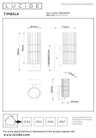 Lucide 11839/02/30 - Lampă de perete Ven cu senzor TIMBALA 2xGU10/7W/230V IP44