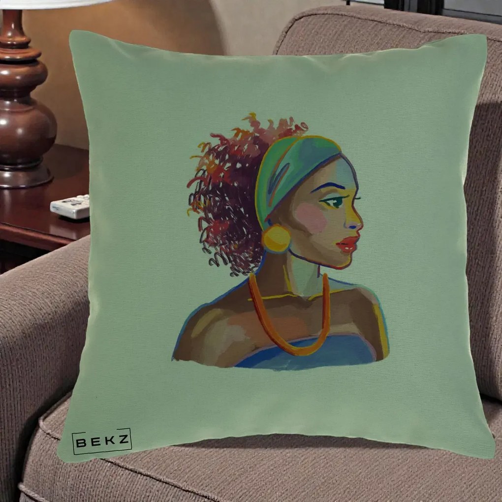 Perna Decorativa Portret Femeie Urbana Acuarela, 40x40 cm, Verde, Husa Detasabila, Perna Inclusa, BEKZ®