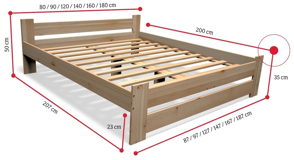 Supermobel Pat din lemn masiv ALUNE + somieră GRATIS, 90x200cm, natural/lac nu
