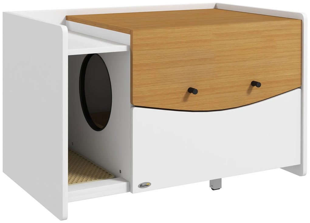 PawHut Cutie de pisici, extensibilă, design de dulap, sertar nisip, 78x50x51cm, Stejar/Alb | Aosom Romania