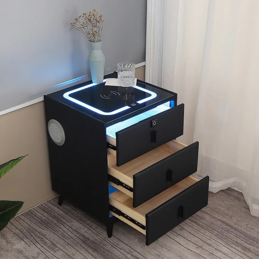 Noptieră inteligentă multifuncțională, 3 sertare cu maner, blocare cu amprentă, LED-uri tactile, 3 tipuri de culoare, încărcare fără fir, Difuzor Bluetooth, incarcare USB, sticla securizata, Negru