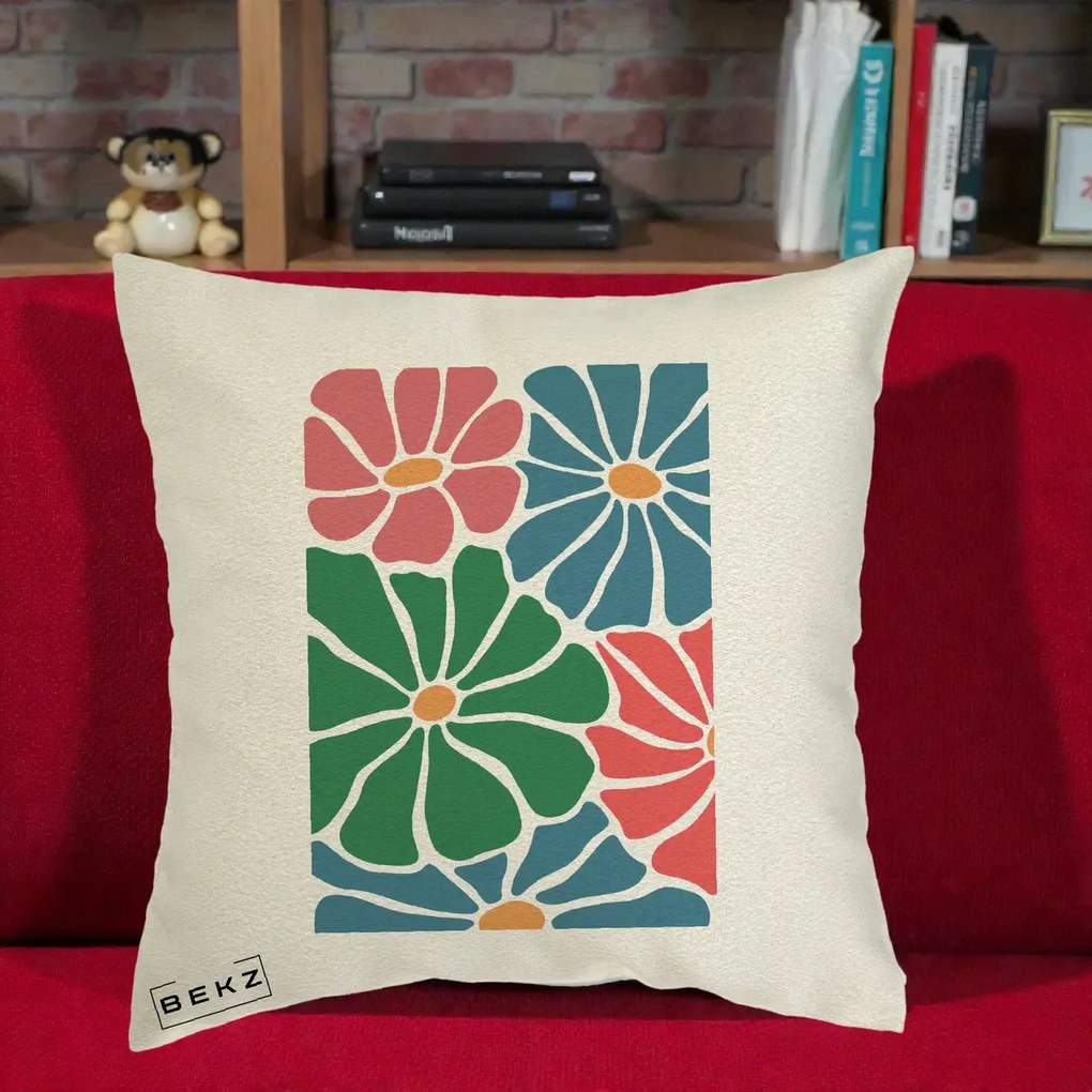 Perna Decorativa Flori Grafice Verde-Roz-Albastru, 40x40 cm, Ecru, Husa Detasabila, Perna Inclusa, BEKZ®