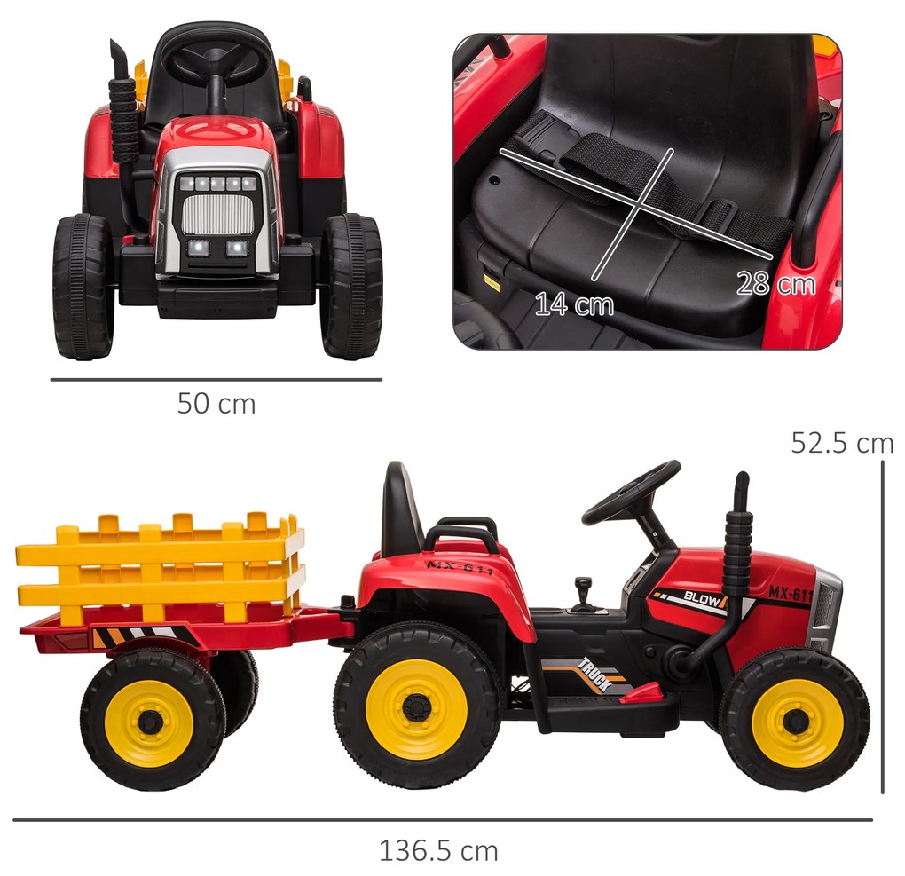 HOMCOM Tractor Electric pentru Copii cu Remorcă Detașabilă, Telecomandă și Lumini, pentru Copii 3-6 Ani, 136,5x50x52,5 cm, Roșu | Aosom Romania