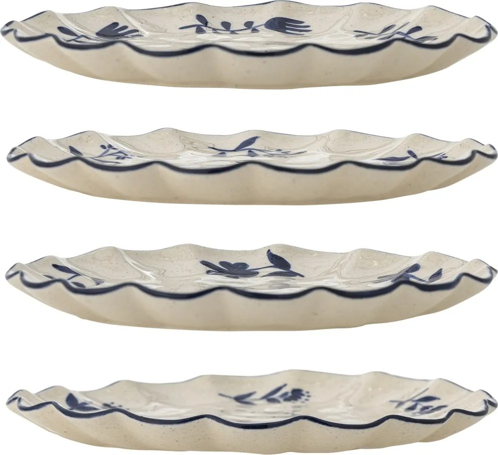 Set 4 farfurii din ceramică artizanală natur cu motive florale albastre pictate manual și margine albastră, 20,5×2 cm, "Eimy"