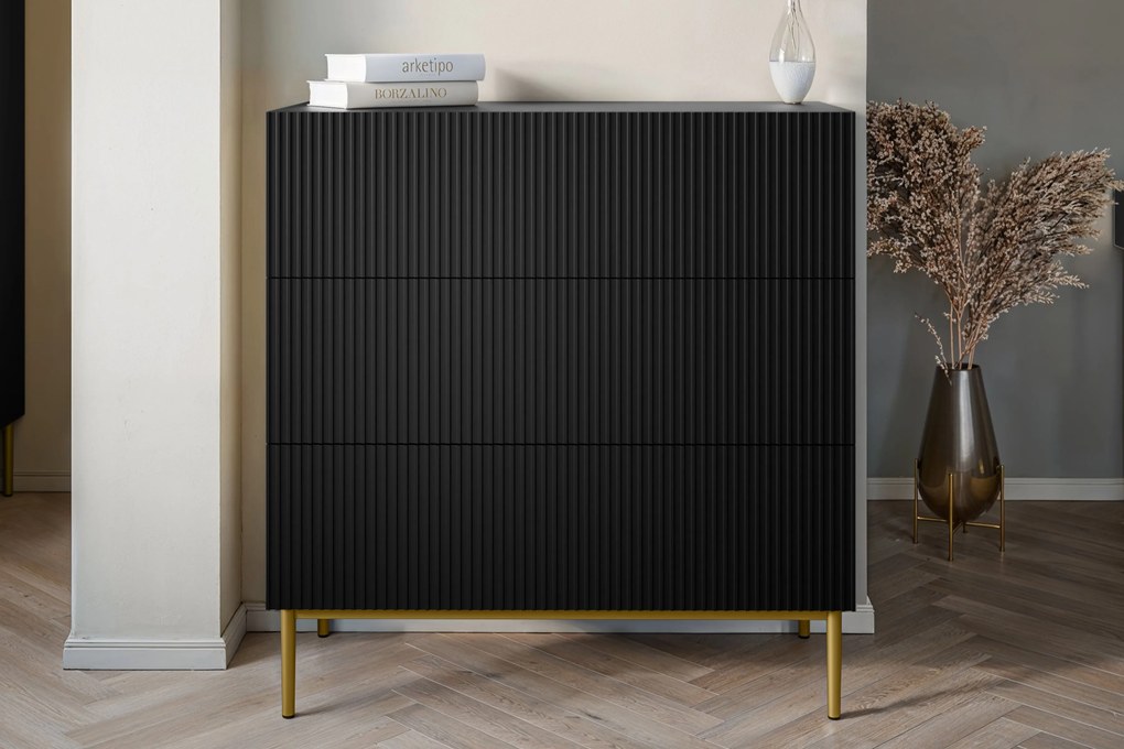 Comoda Nicole cu trei sertare cu picioare metalice 100 cm - negru mat / picioare aurii