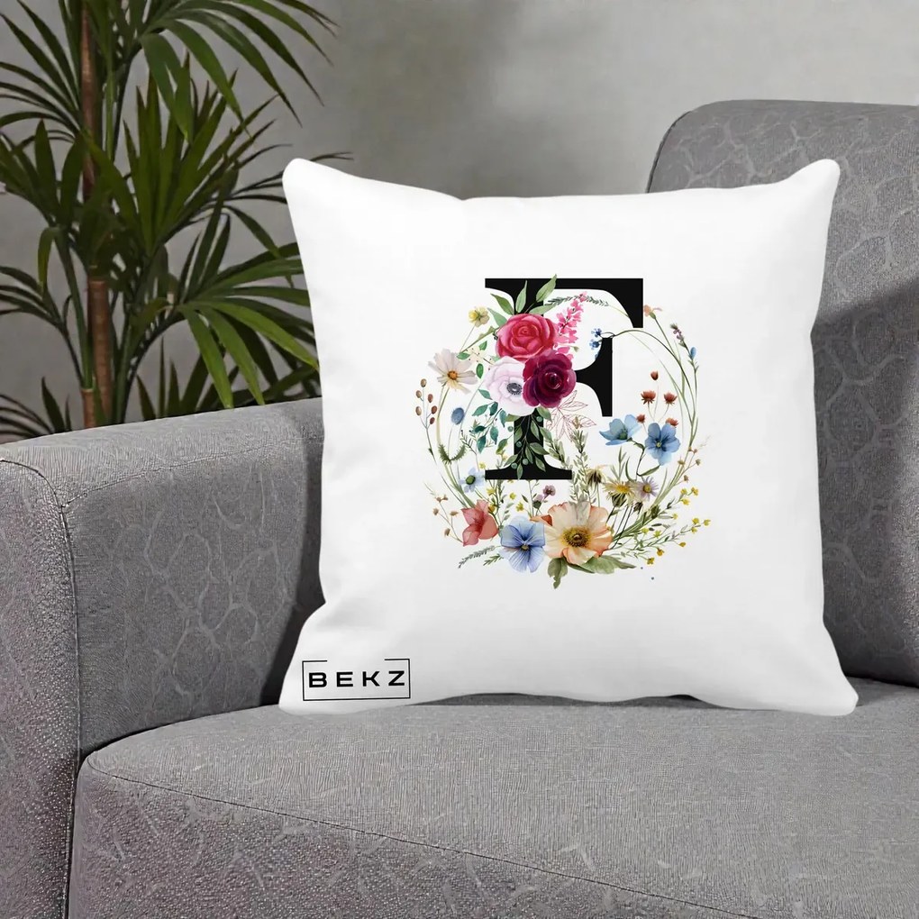 Cadou Personalizat - Perna Personalizata Monogram Litera F cu Flori Acuarela, 40x40 cm, Alba Mata, Husa Detasabila, Perna Inclusa, BEKZ®