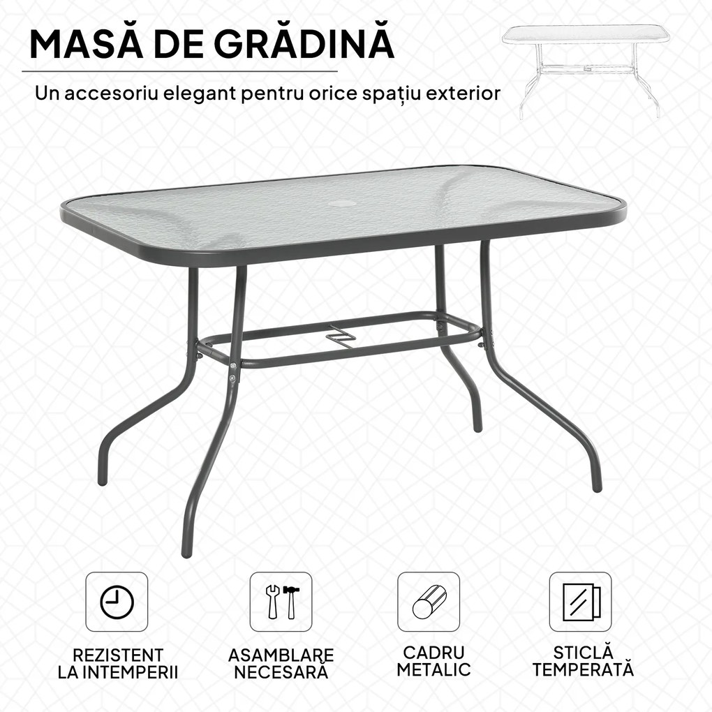 Outsunny Masă Pliabilă pentru Grădină cu Gaură pentru Umbrelă, Mobilier Exterior din Metal și Sticlă, 120x80x70 cm | Aosom Romania