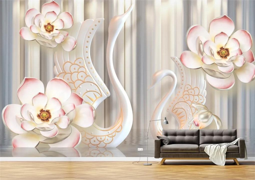 Tapet Premium Canvas - Abstract flori lebede portelan