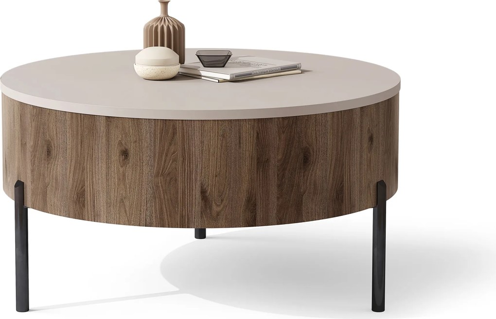 Mazzoni FRIDA Bej Taupe / Nuc Elegant – MĂSUȚĂ DE CAFEA MODERNĂ CU BLAT RABATABIL ȘI SPAȚIU DE DEPOZITARE