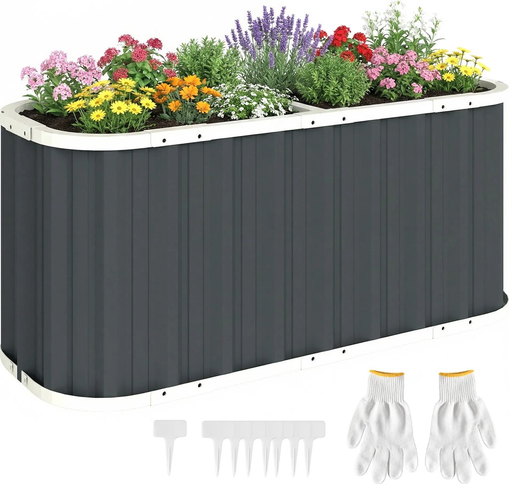 Outsunny Pat înălțat metalic 136 x 53 x 61 cm, adânc, pentru grădină, cu margini de protecție, etichete pentru plante, mănuși, fund deschis | Aosom Romania