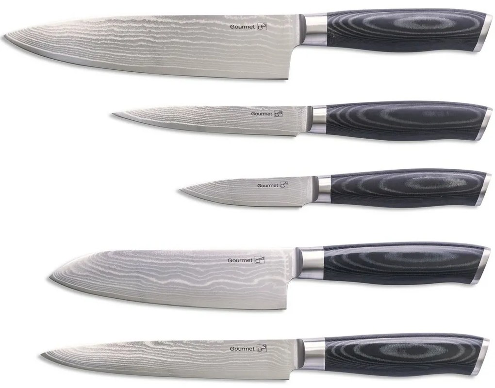 Set de cuțite G21 Gourmet Damascus în bloc debambus 5 bucăți + piatră de ascuțit