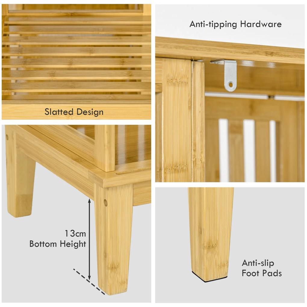 HOMCOM Dulap Deschis din Bambus cu 2 Uși Glisante, Garderobă cu Rafturi și Bară de Haine, 145x35x165 cm, Lemn Natural | Aosom Romania