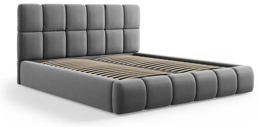 Pat matrimonial gri tapițat din catifea cu spațiu de depozitare cu somieră 180x200 cm Bellis – Micadoni