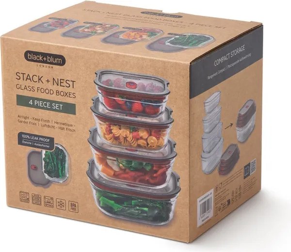 Set de 4 cutii pentru alimente Black+Blum Stack+Nest FBGR-BX-PACK4, 0,38/0,6/0,9/1,2 l, Dreptunghiulare, Potrivite pentru microunde, Fara BPA, Otel inoxidabil, Gri/Rosu