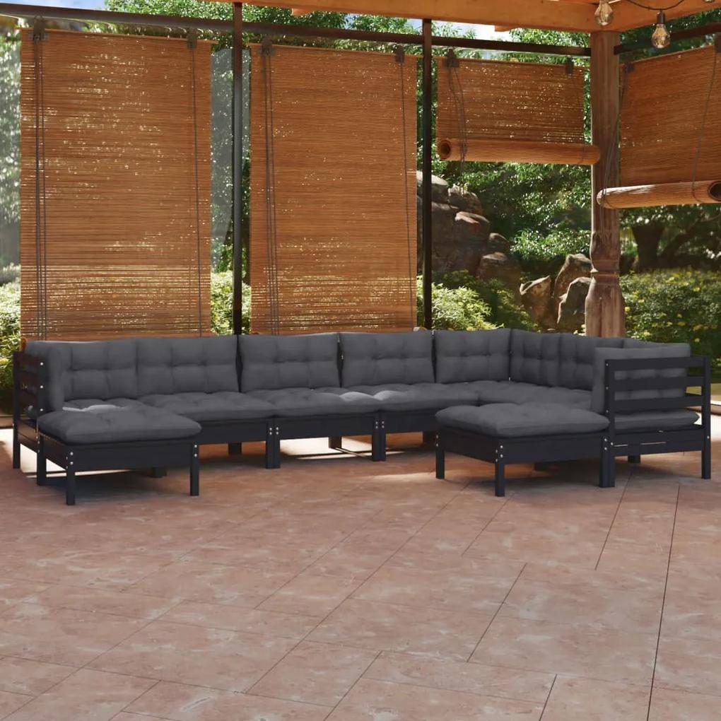 3096711 vidaXL Set mobilier grădină cu perne, 9 piese, negru, lemn masiv pin