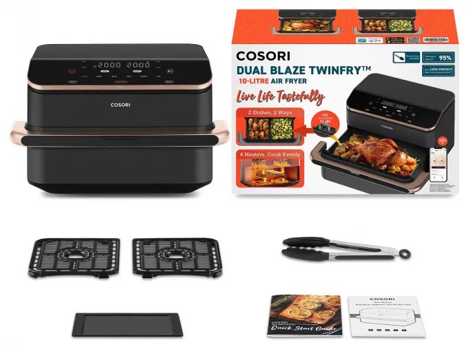 Friteuza cu aer cald Cosori Dual Blaze TwinFry CAF-TF101S, 10 L, 6 programe, 240°C, Timer, ThermoIQ, Negru