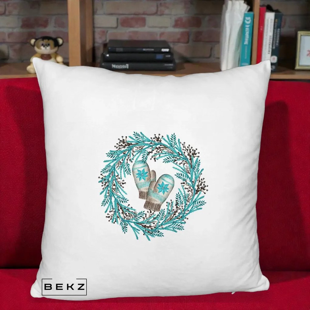 Perna Decorativa Coroana Turcoaz cu Manusi, 40x40 cm, Alb Pufos, Husa Detasabila, Perna Inclusa, BEKZ®