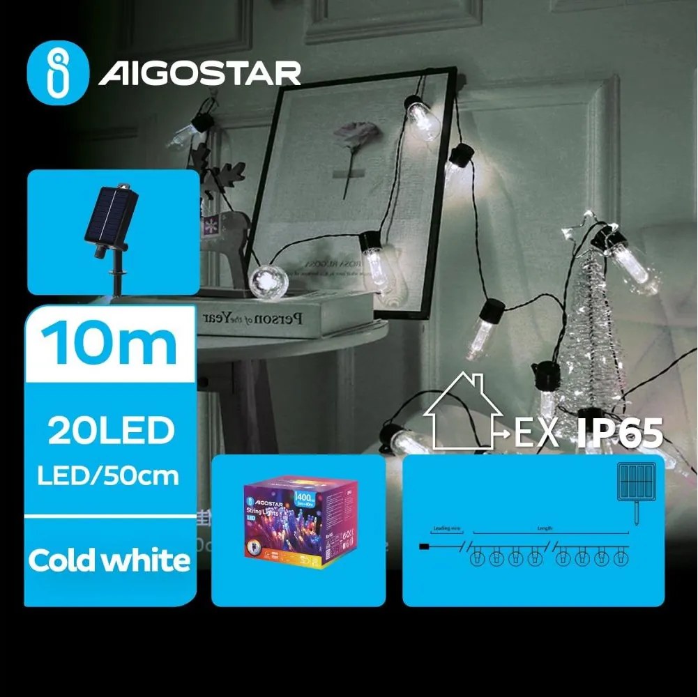 Aigostar - Ghirlandă solară cu LED, 20 LED / 8 funcții, 11,5 m, IP65, alb rece
