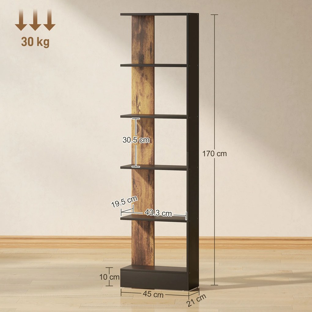 HOMCOM Raft Îngust cu 5 Etajere, Raft Economisitor de Spațiu Modern din Lemn, Bibliotecă pentru Baie, Living, Dormitor, Birou, 45x21x170 cm, Maro Rustic | Aosom Romania