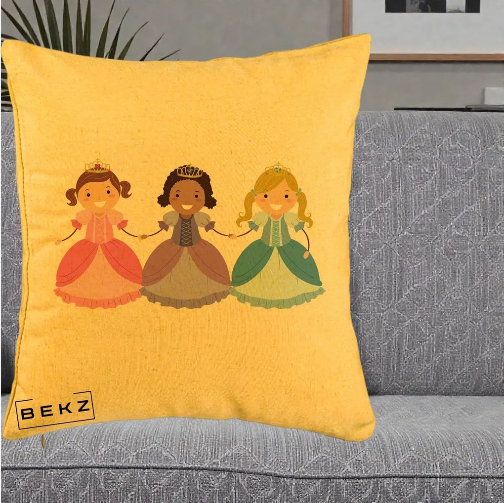 Perna Personalizata Printese Diverse Ilustratie, 40x40 cm, Galben, Husa Detasabila, Perna Inclusa, BEKZ®