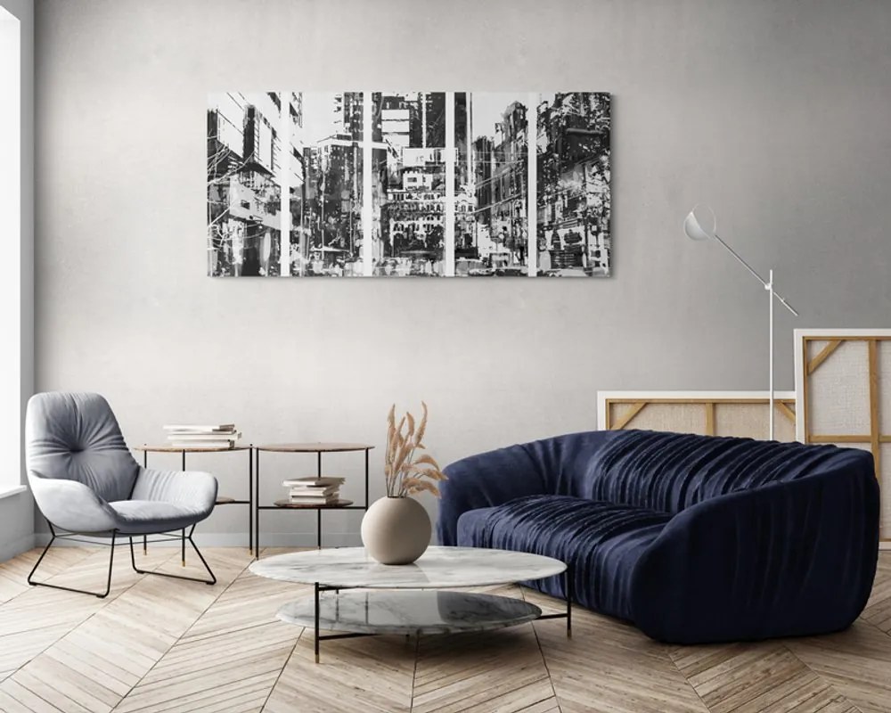 Tablou 5-piese panoramă abstractă a orașului în design alb-negru