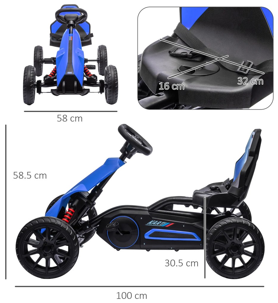 Kart cu pedale pentru copii cu vârsta de 3-8 ani cu scaun reglabil în 4 poziții și roți EVA, 100x58x58,5cm, albastru-negru HOMCOM | Aosom Romania