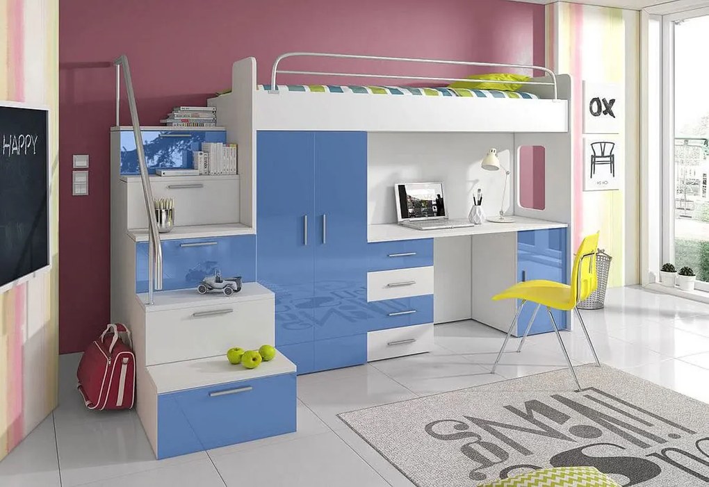 Expedo Pat supraetajat copii DARCY IVs COLOR, 80x200, orientare universală, alb/albastru luciu