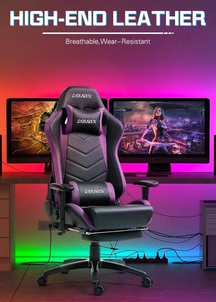 DOWINX Scaun gaming, ergonomic, suport lombar cu masaj, spătar rabatabil 90-180°, cotiere reglabile, suport pentru picioare, rezistent 150 kg, piele PU, Negru/Violet